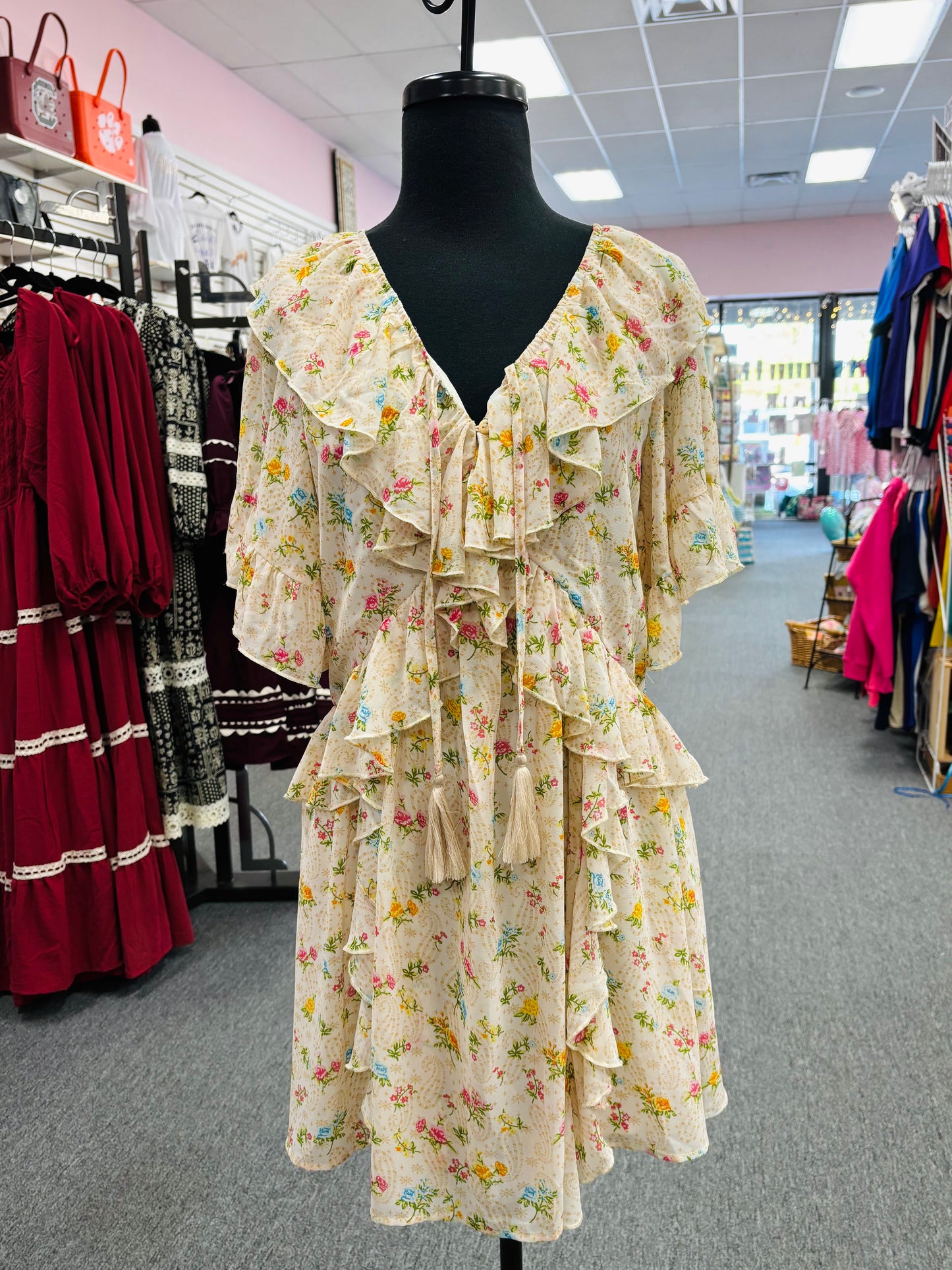 Apricot V Neck Floral Mini Dress