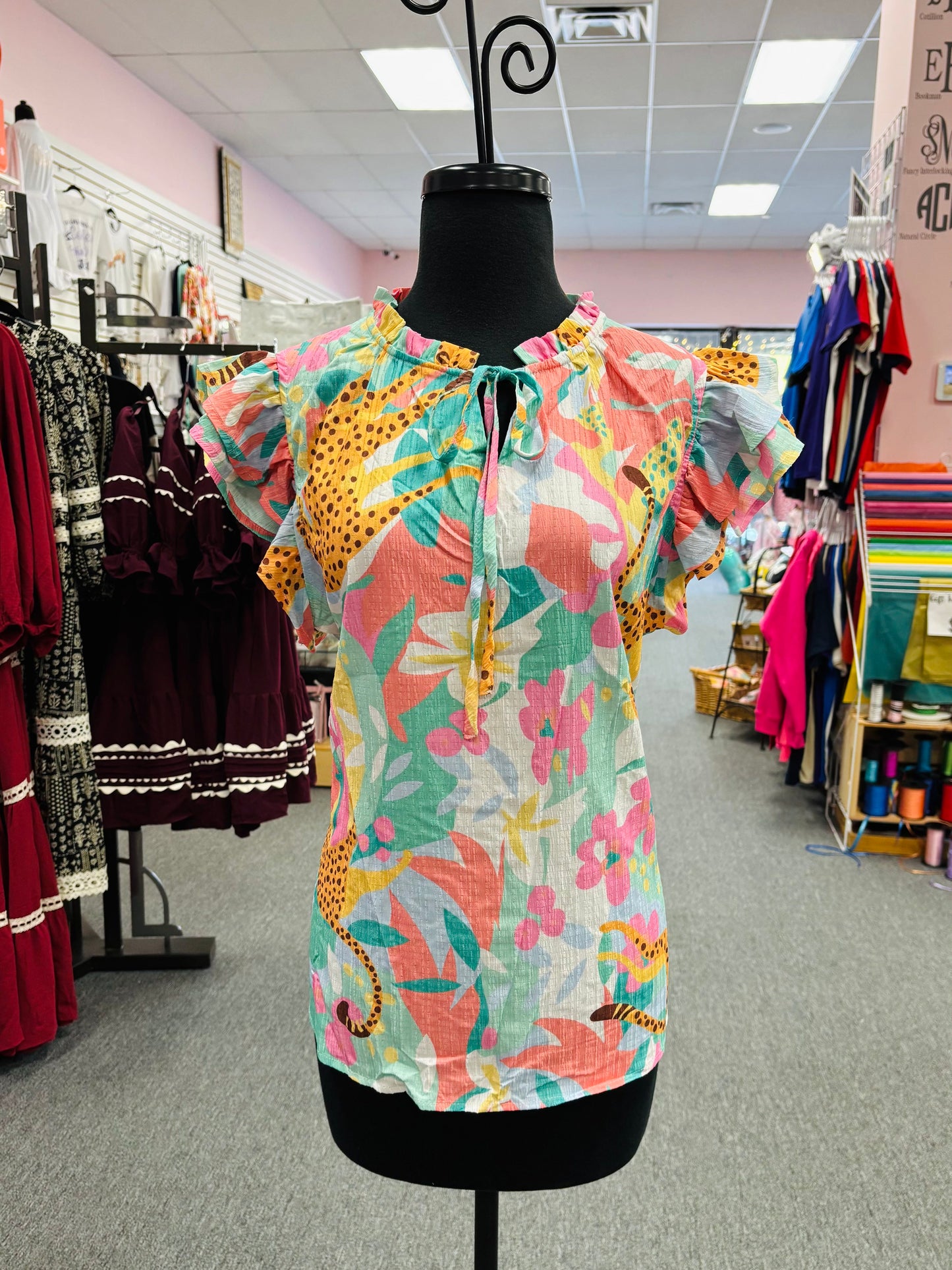 Ruffle Summer Cheetah Floral Blouse