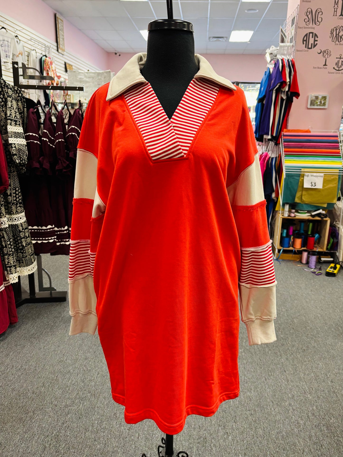 Color Block Sleeve V Neck French Terry Dress