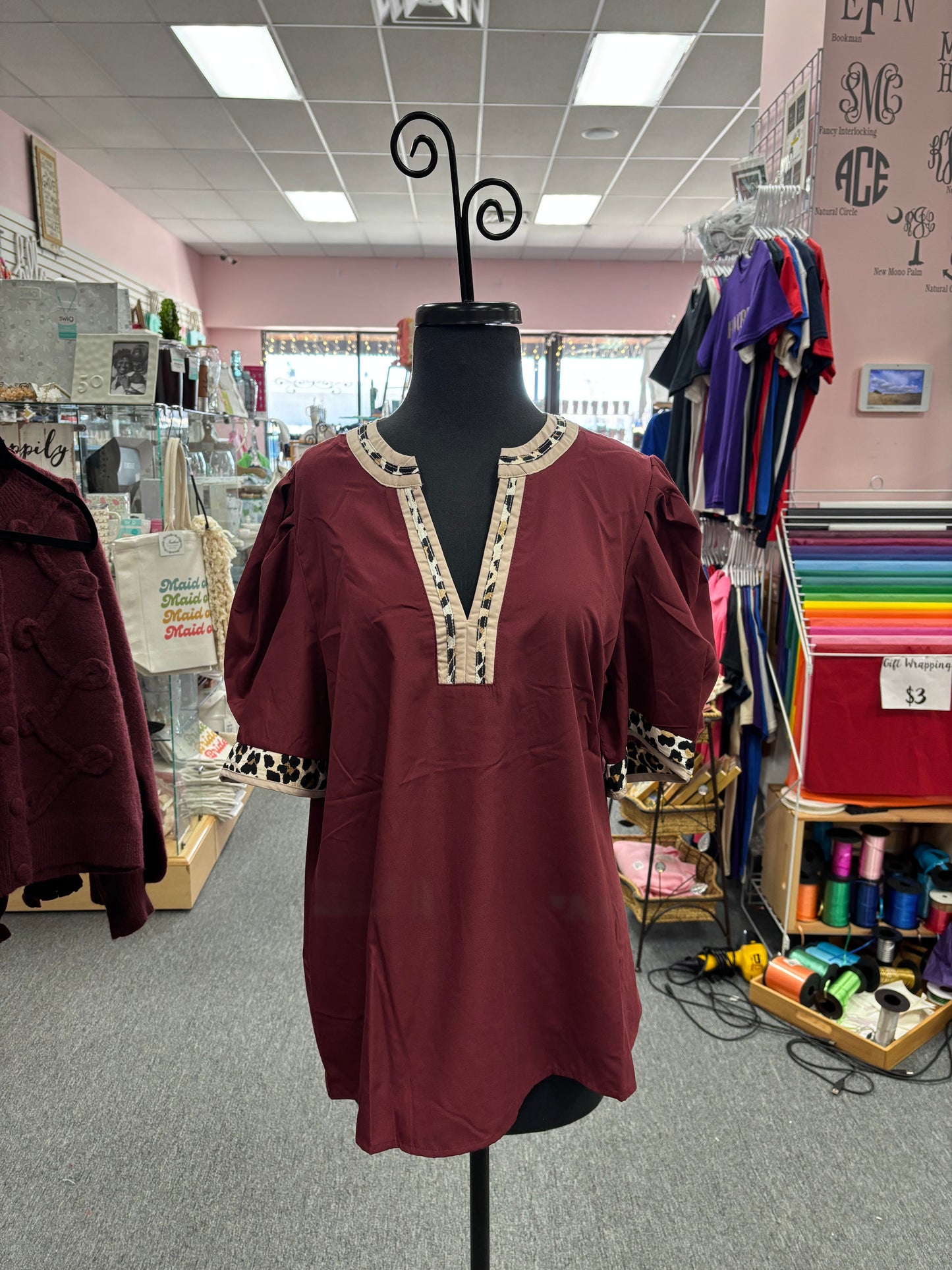 Merlot Puff Sleeves V and Leopard Accents