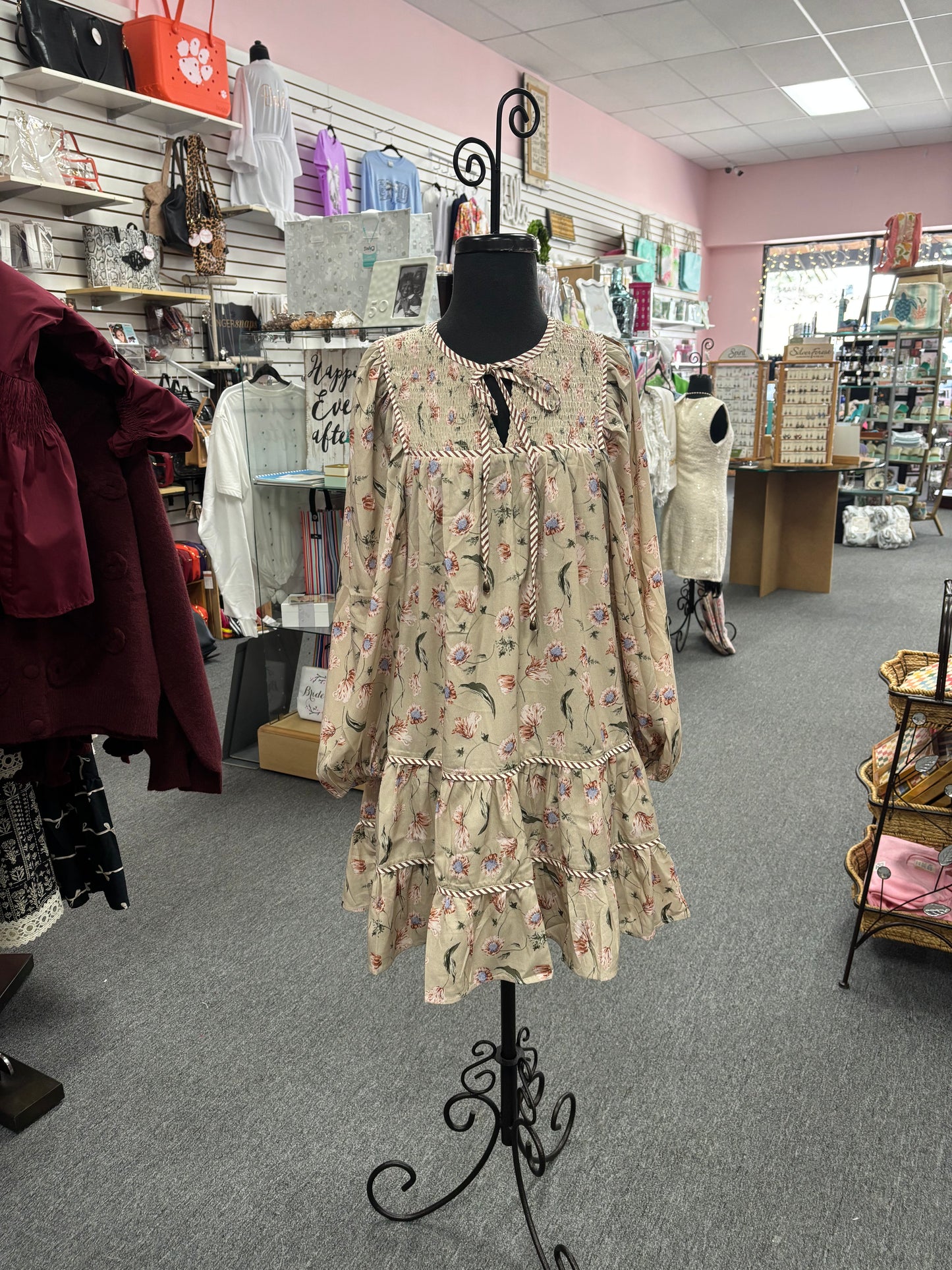 Ecru Beige Floral V Smocked Mini Dress