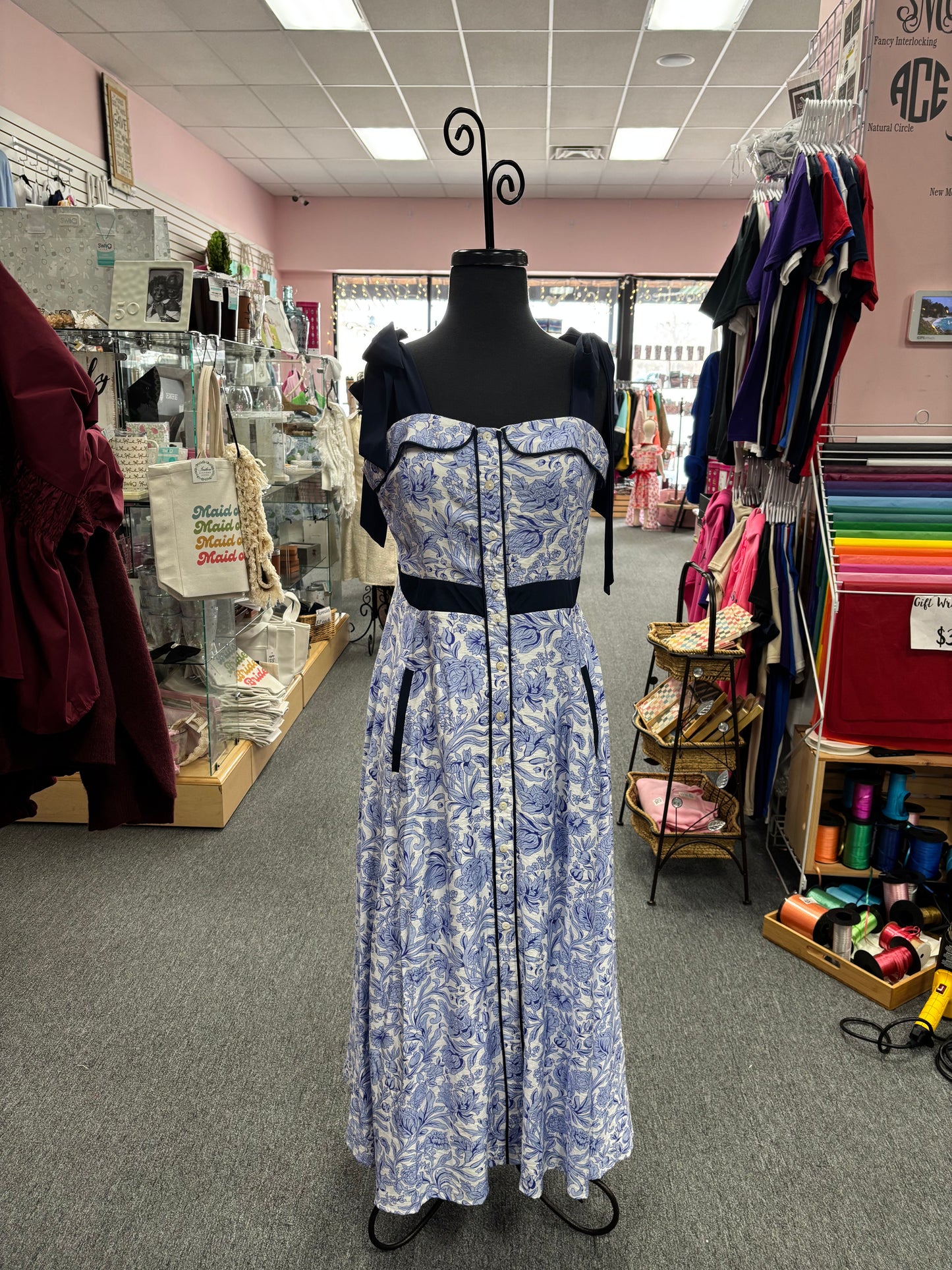 Blue Floral Bow Strap Midi Dress