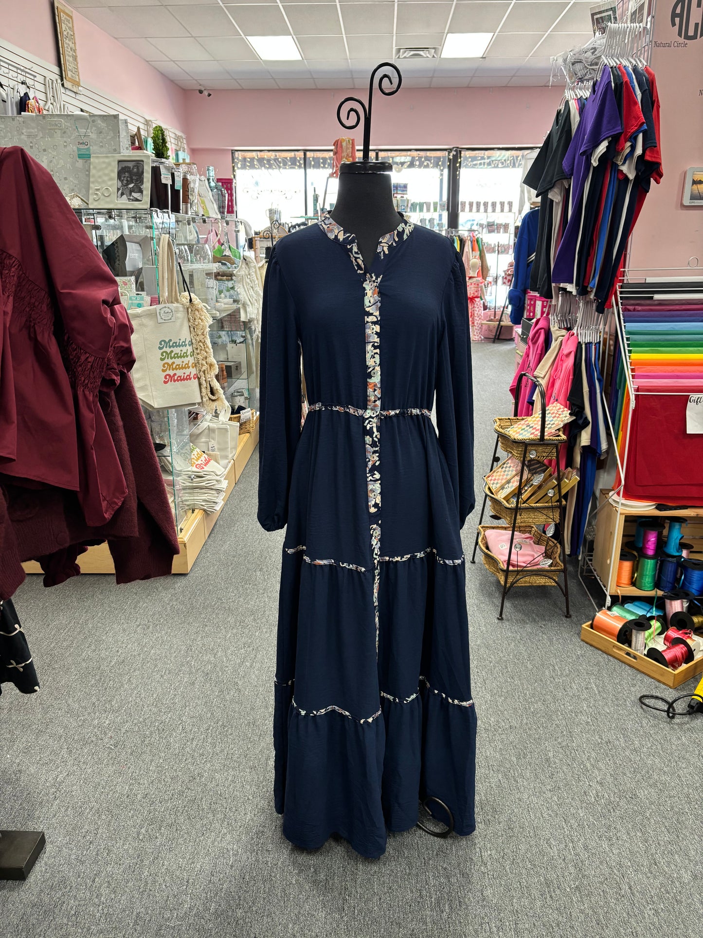Navy Long Sleeve Maxi Dress with Printed Contrast