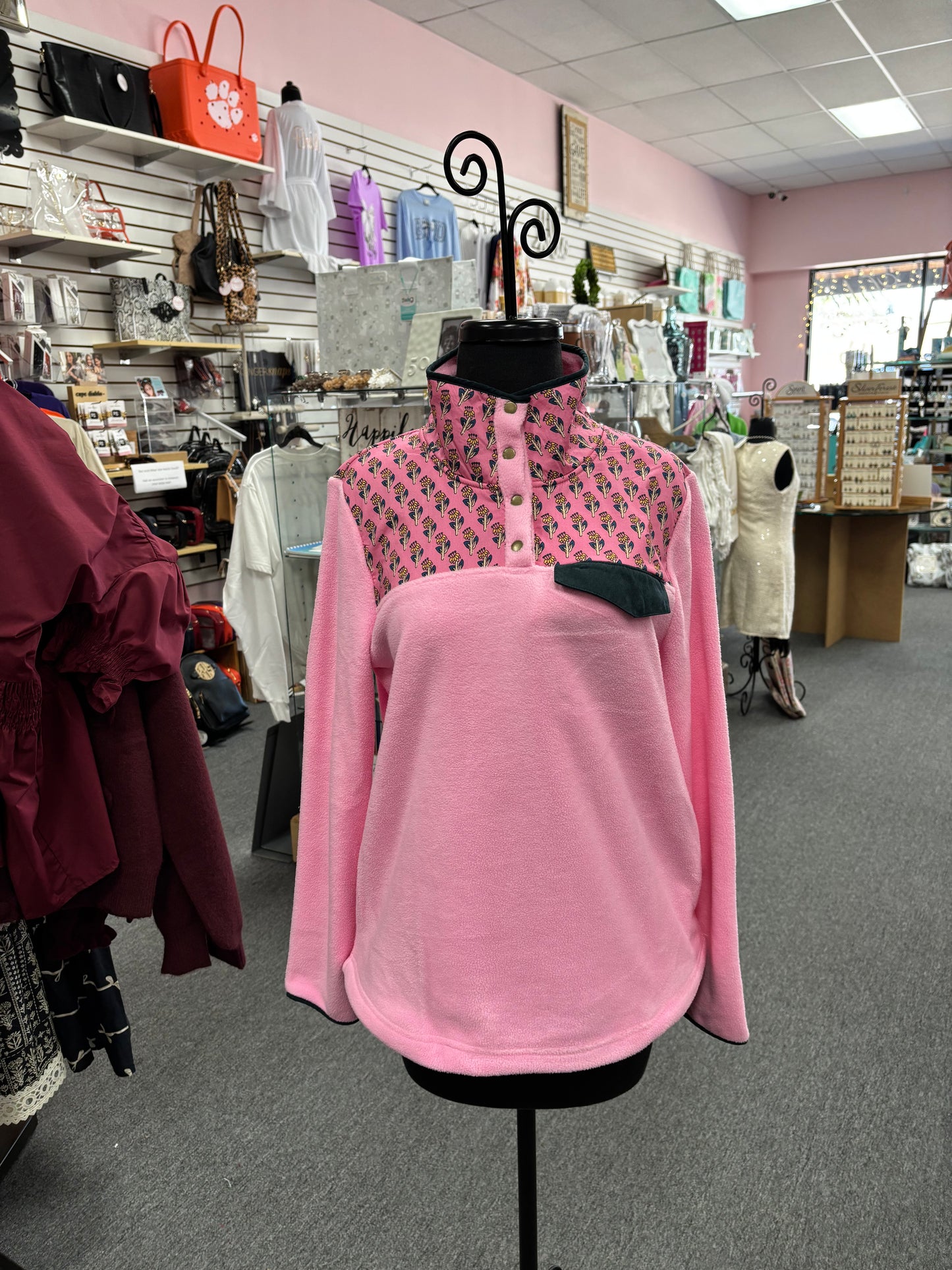 Pink Fleece Block Print 1/4 Snap Pullover