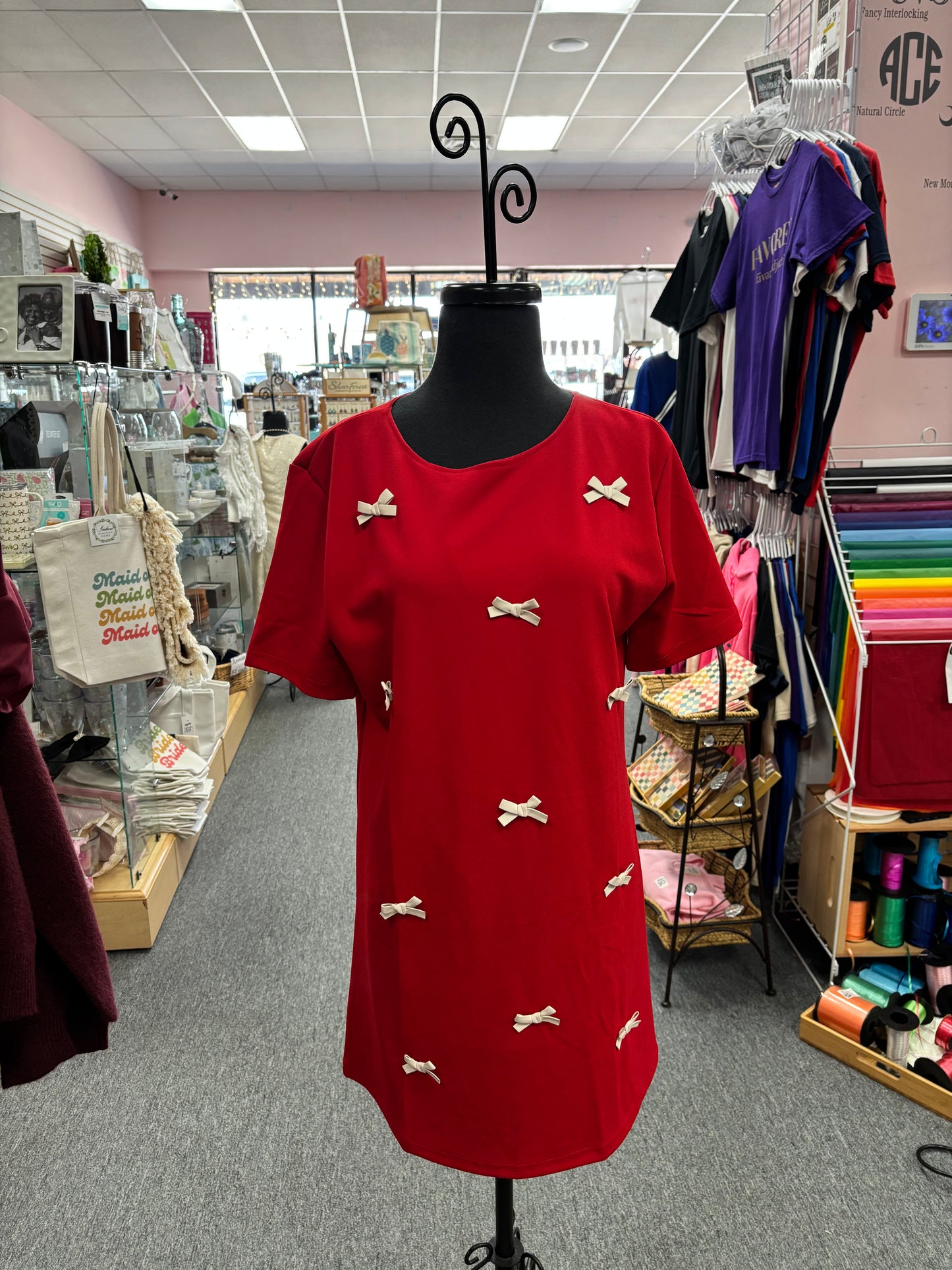 Red Knit Dress with Faux Leather Bow Trim