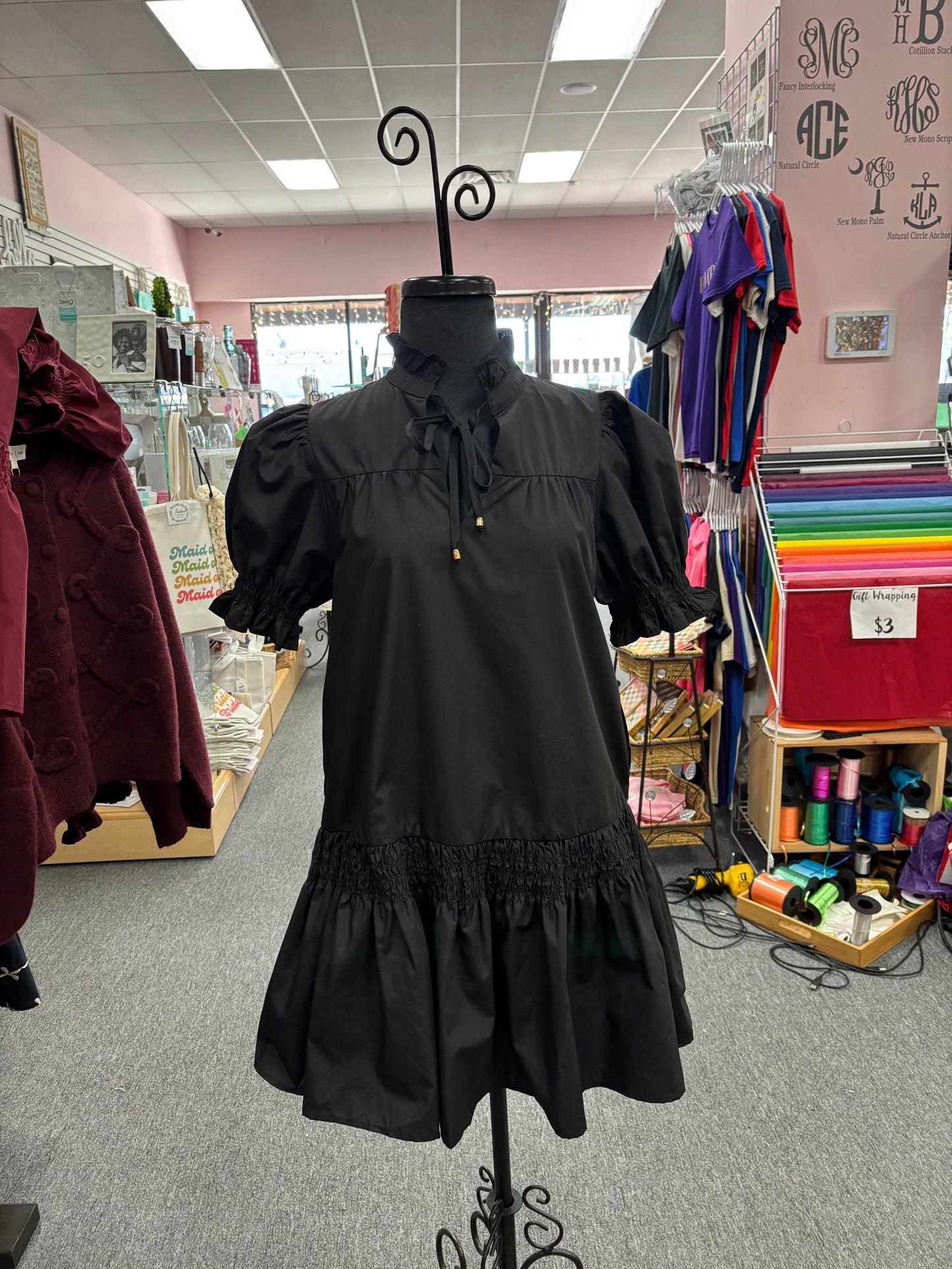 Solid Puff Sleeve V Mini Dress