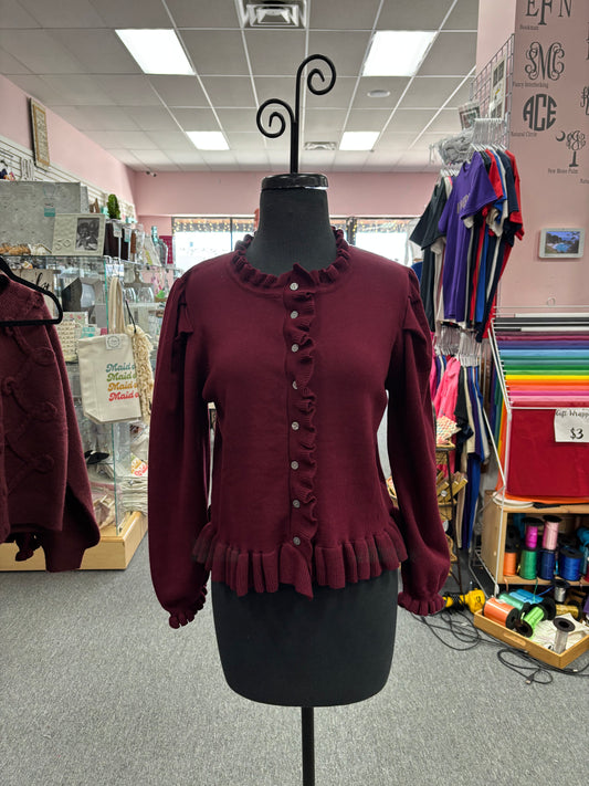 Solid Burgundy Ruffle Knit Cardigan