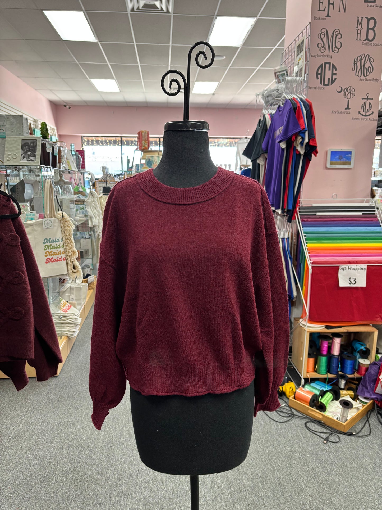 Wine Ribbed Neck Pullover Sweater