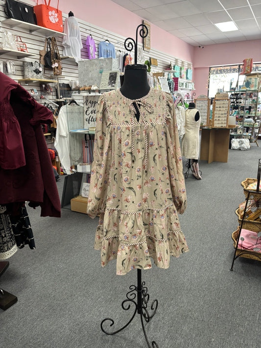 Ecru Beige Floral V Smocked Mini Dress