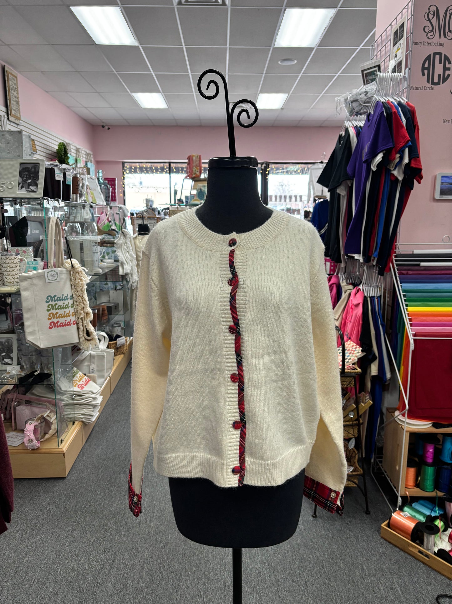 Cream Plaid Trim Knit Cardigan