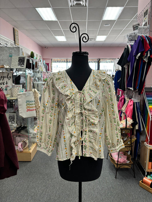 3/4 Sleeve Ruffle Floral Ecru Beige Top