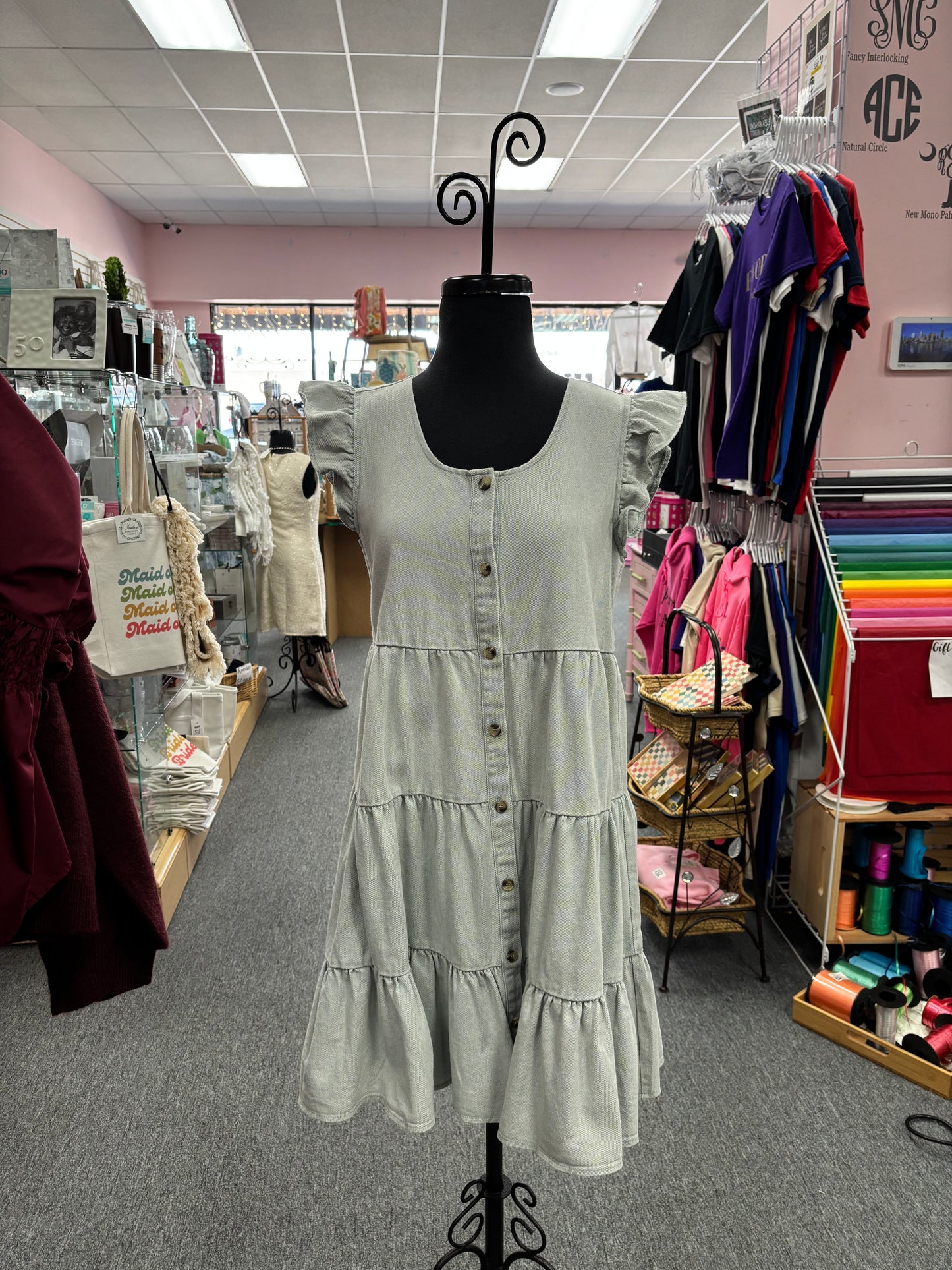 Seafoam Ruffle Sleeve Tiered Button Down Wash Twill Dress