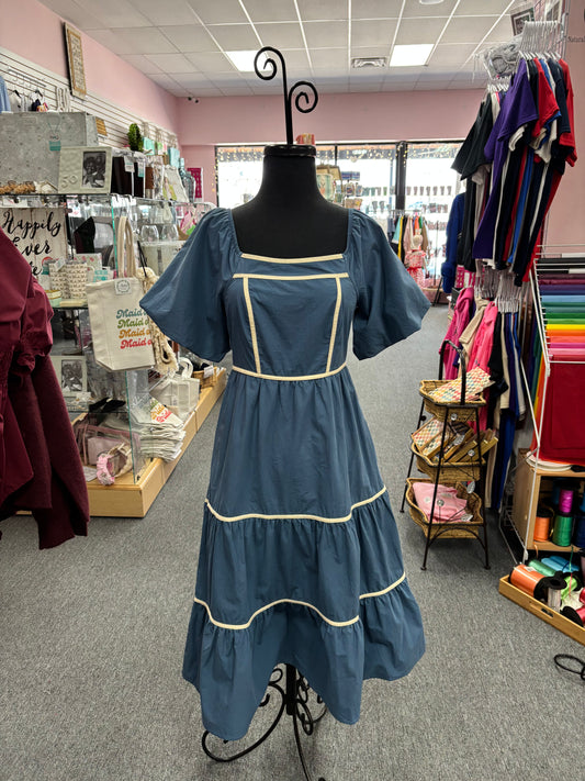 Indigo Blue Balloon Sleeve Midi Dress