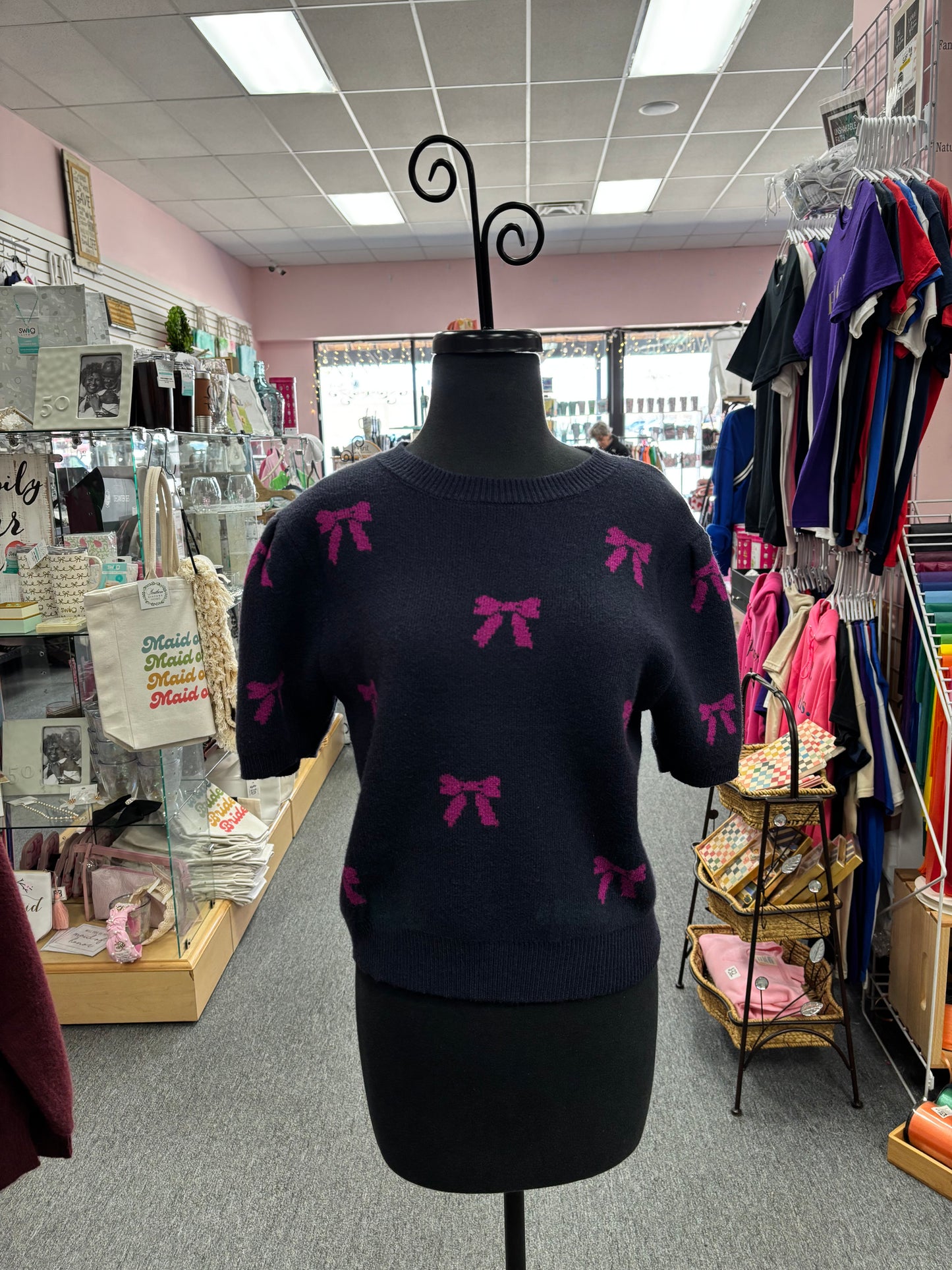 Navy/Pink Puff Short Sleeve Bow Sweater