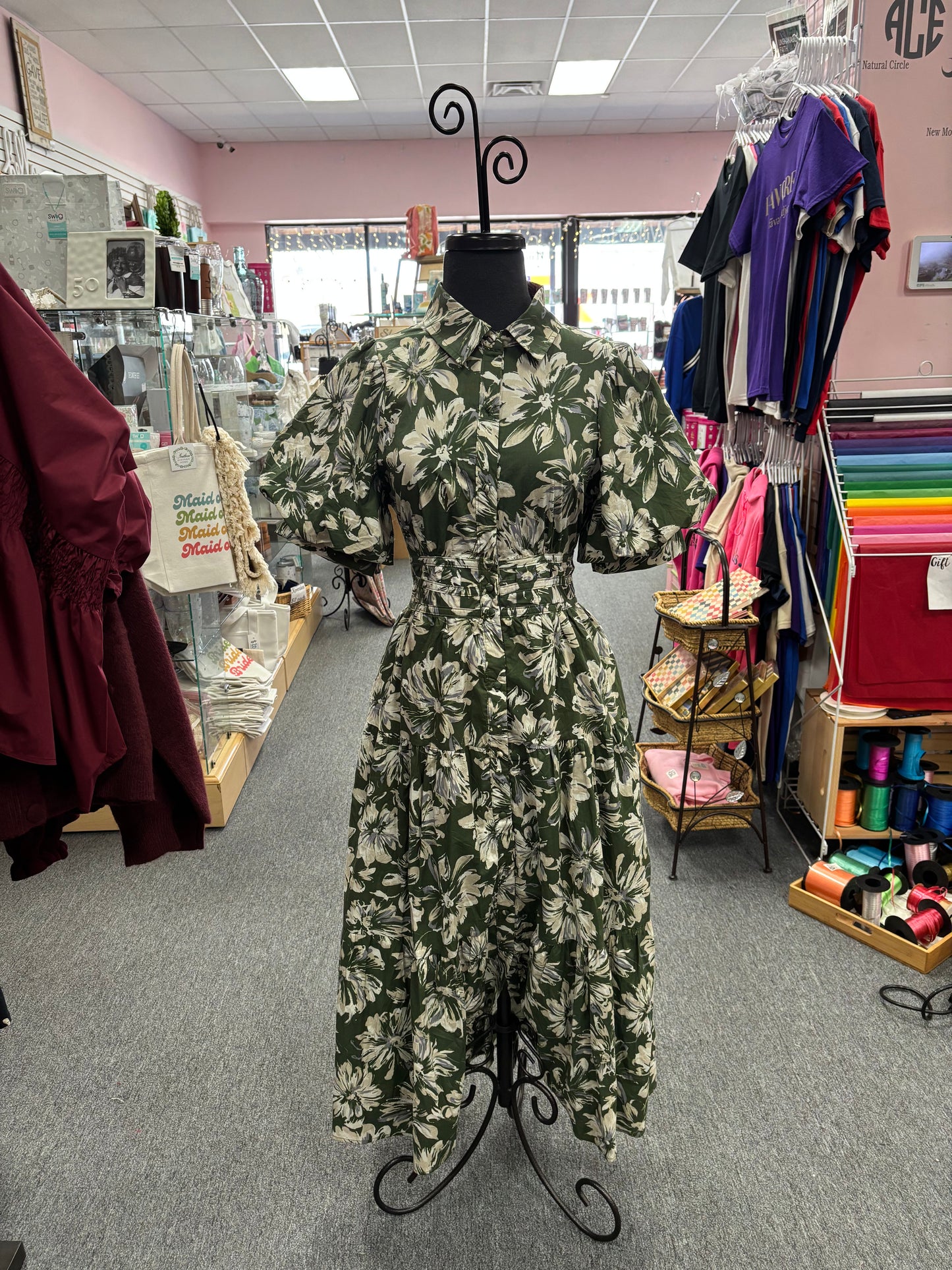 Olive Floral Puff Sleeve Midi Dress