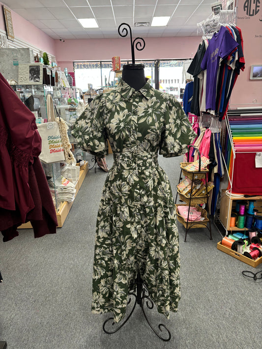 Olive Floral Puff Sleeve Midi Dress