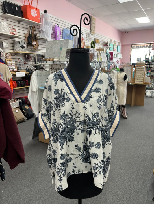 Blue Grey Floral V Pullover