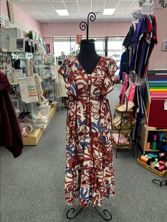 Red Bean Botanical Ruffle Sleeve Midi Dress