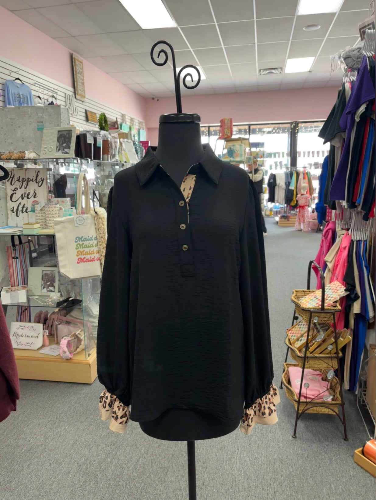 Black Leopard V Neck Blouse