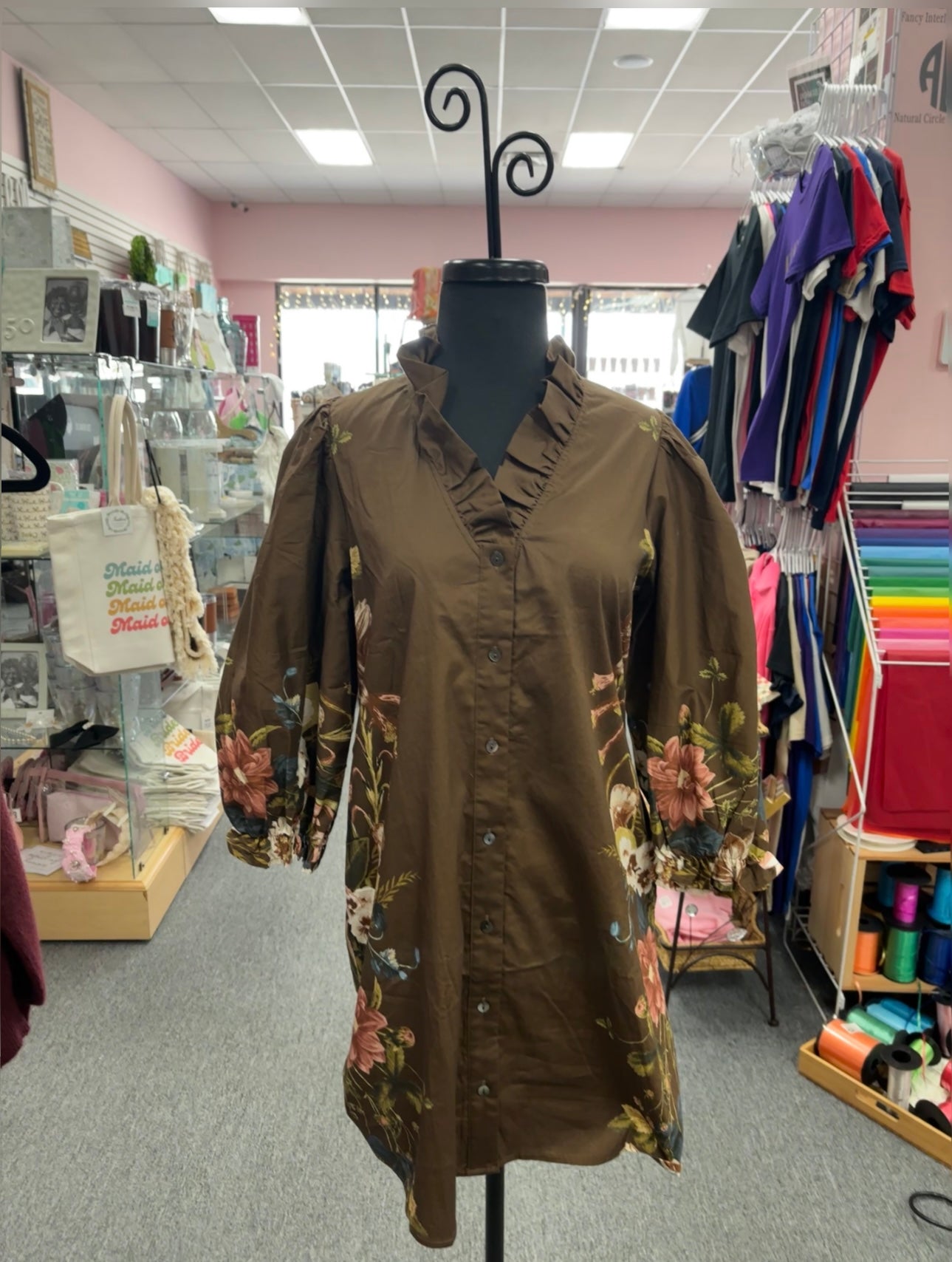 Brown Botanical Ruffle 3/4 Sleeve Dress