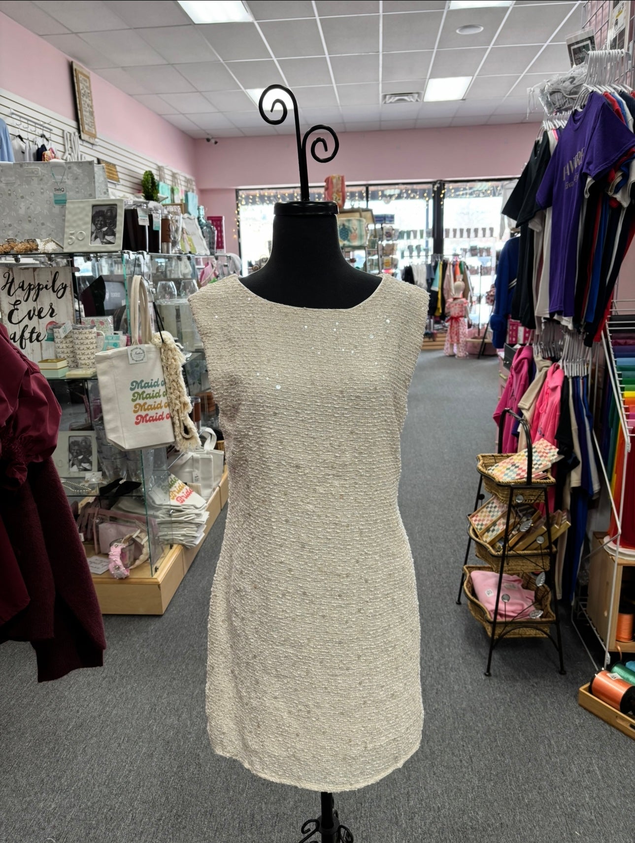 Cream Sequined Tweed Dress